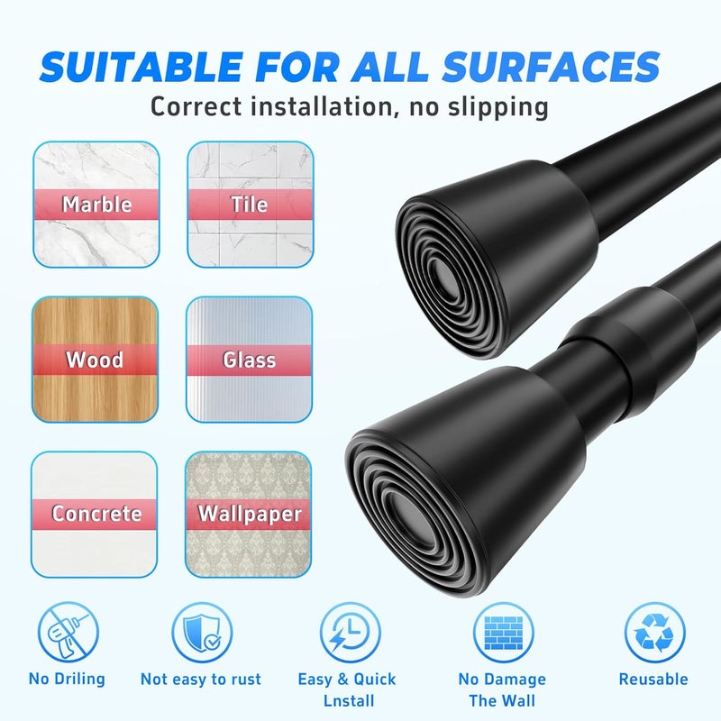 Caserry 2pcs Shower Curtain Rods Adjustable 53-98 Inches, 0.86" Diameter Spring Tension Rod No Drill, Heavy Duty Expandable Rod for Bathroom, Window, Kitchen, Closet, Room Divider, 1.2" Non-Slip Caps, Black - Image 4